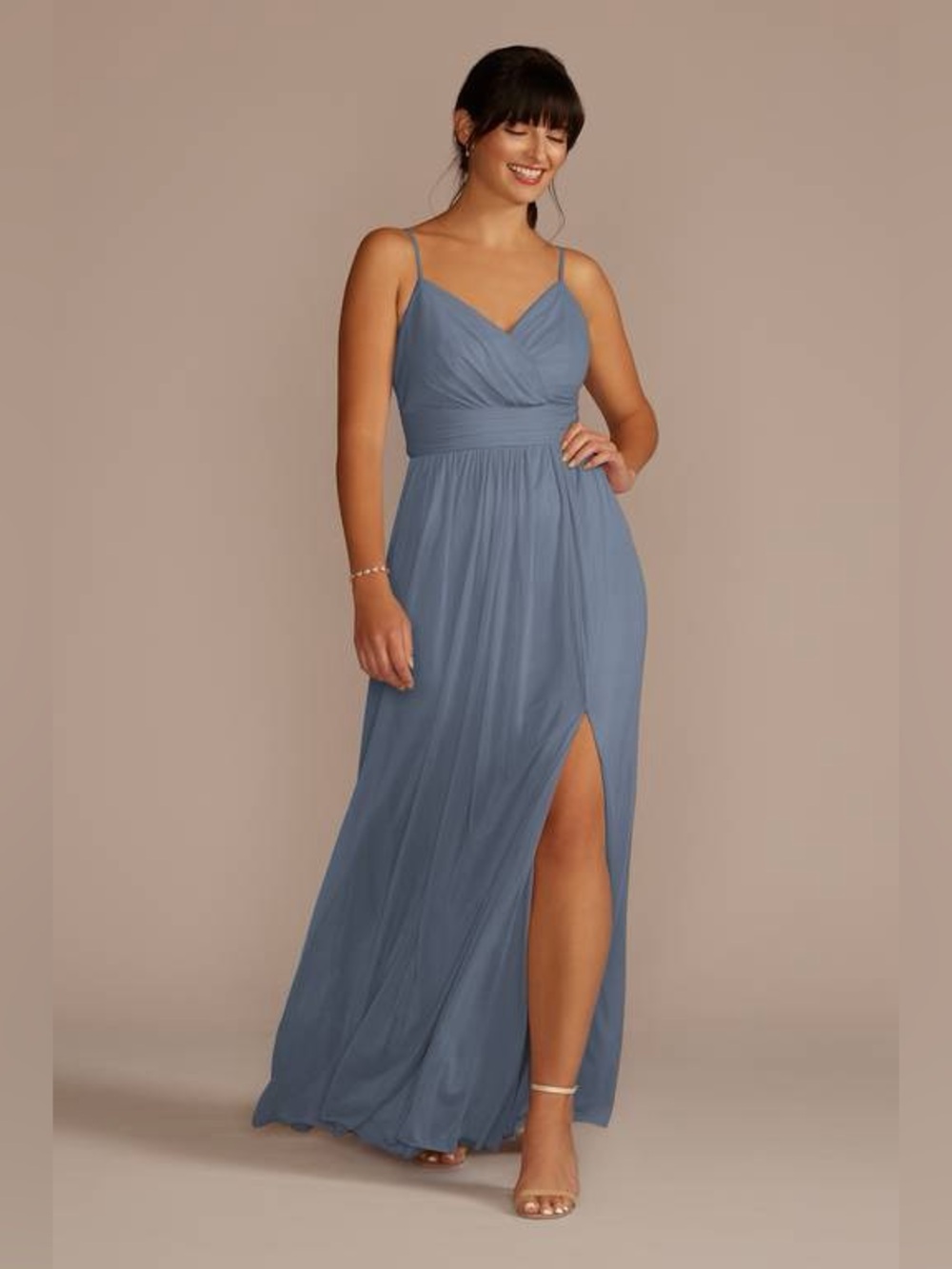 NWT David’s Bridal F19944 Steel Blue Spaghetti-Strap Bridesmaid Dress - 2